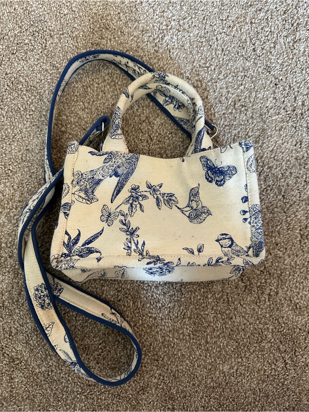 Canvas Floral & Bird Print Crossbody Tote in Cream and Blue